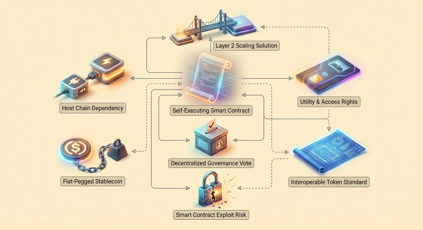 Thumbnail infographic contrasting native coin infrastructure, security, consensus with token utility, smart contracts, governance, and ecosystem risks.