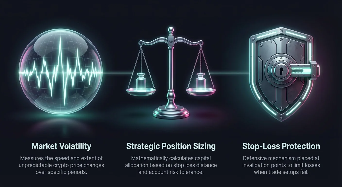 High-level infographic of three crypto risk management pillars: volatile energy sphere for volatility, balance scale for position sizing, and protective shield for protection.