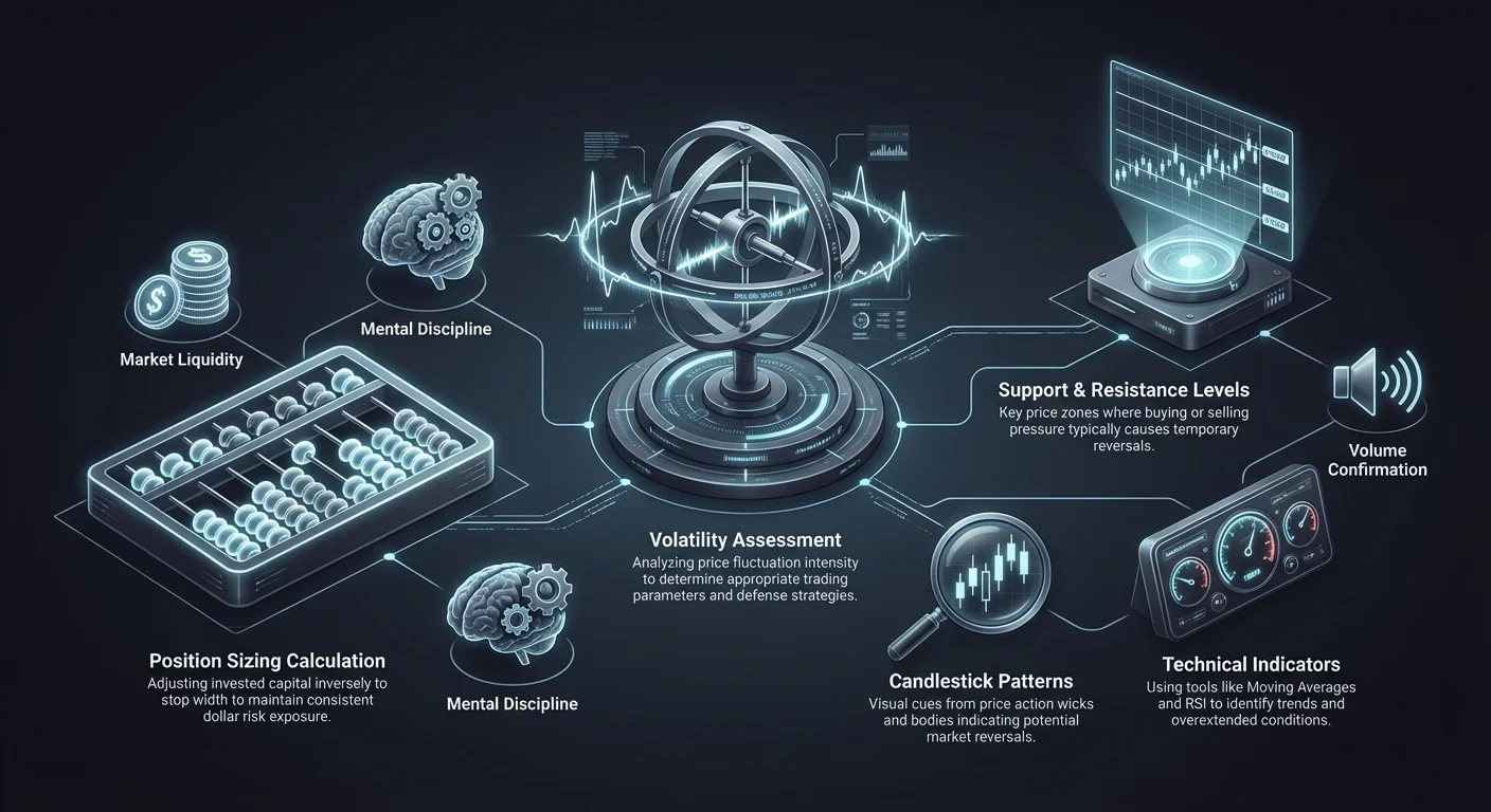 Hub-and-spoke infographic with central volatility assessment branching to position sizing math and stop-loss placement, supported by crypto risk management tools.