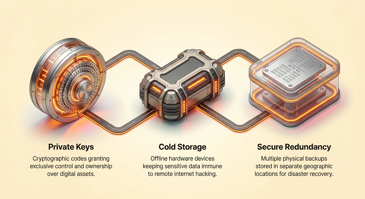 Infographic showing defense-in-depth strategy with central asset security posture protected by self-custody, seed phrase protection, threat mitigation, and tools like offline signing, biometrics, 2FA, recovery drills, phishing awareness.