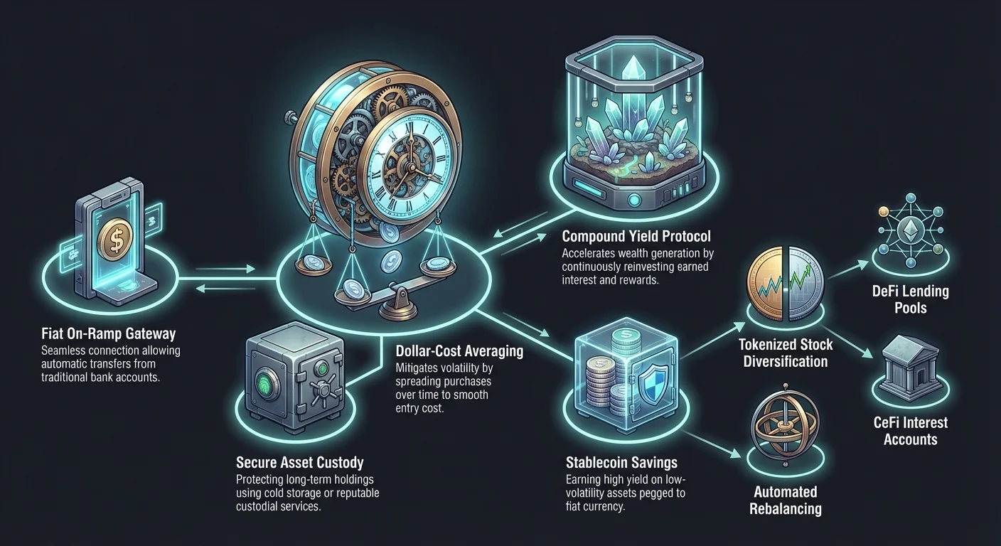 Detailed infographic of automated wealth ecosystem in hub-and-spoke layout: central Dollar-Cost Averaging engine and Yield Protocol connect to diversification, custody, and rebalancing options.