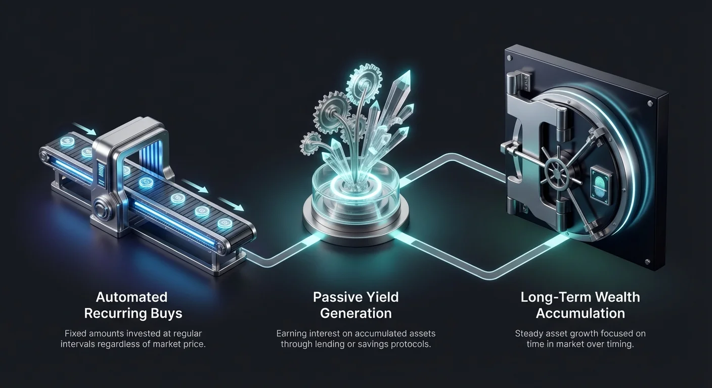 High-level infographic summarizing automated crypto purchases, yield generation, and long-term accumulation strategy with three distinct nodes in a linear flow.