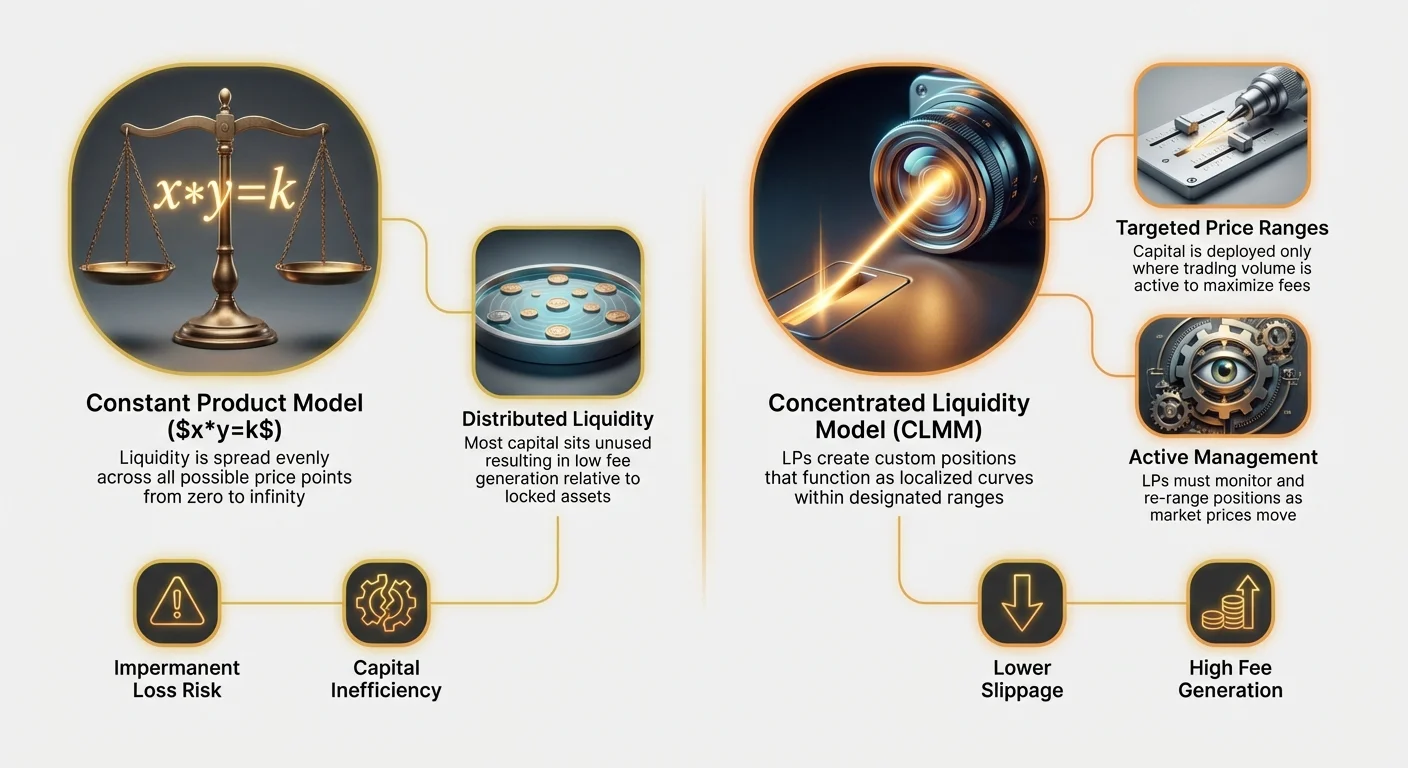 Infographic comparing CPMM constant product model with distributed liquidity and risks to CLMM targeted ranges, active management, lower slippage, and high fees.