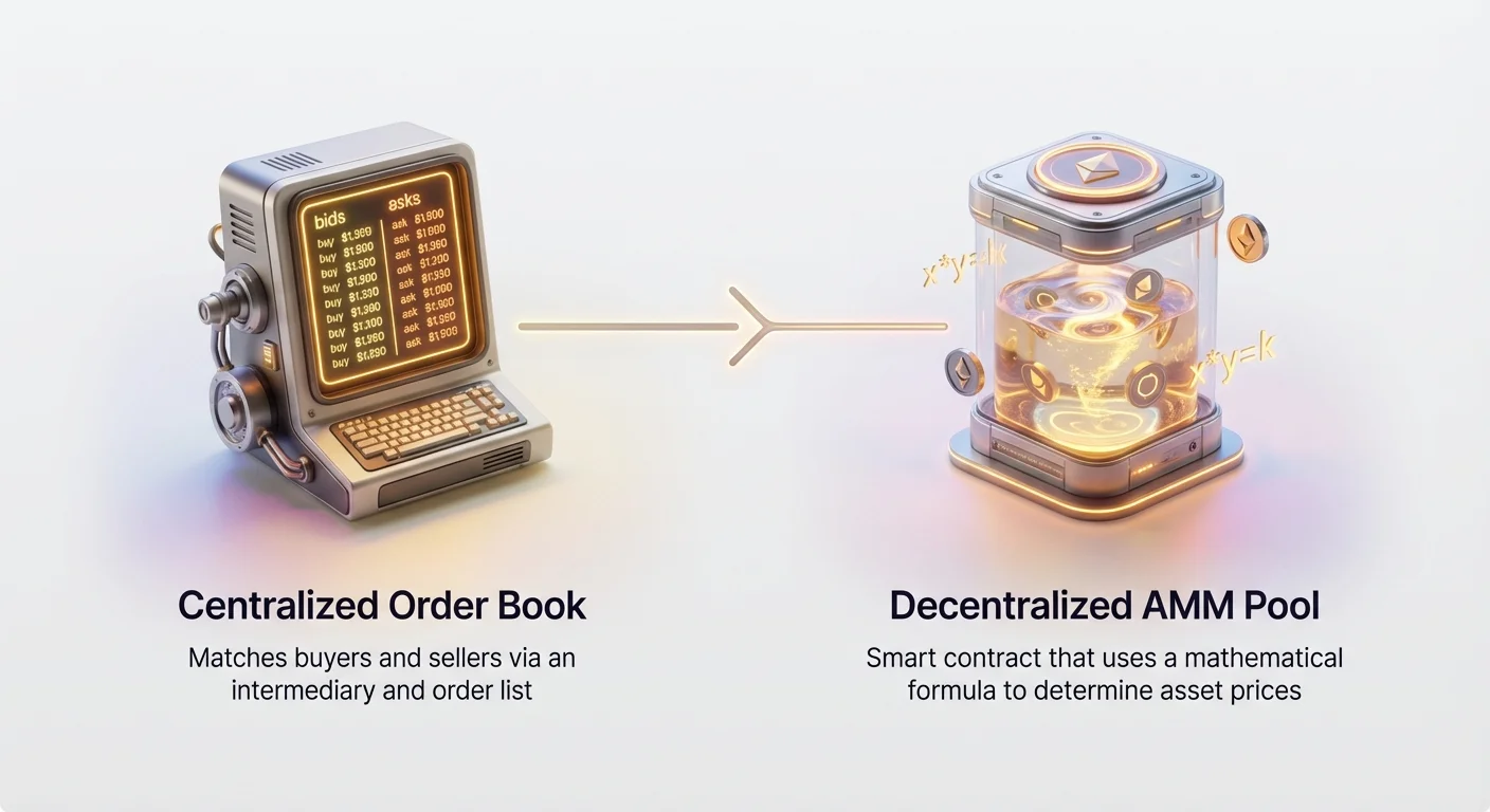 Infographic contrasting centralized order books that match buyers and sellers via intermediaries with decentralized AMM pools using smart contracts and math formulas for asset pricing.