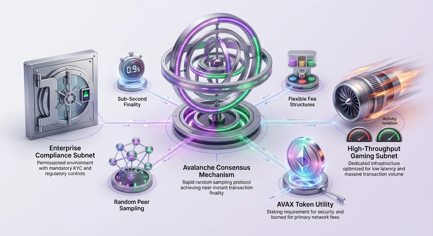 Detailed infographic showing central Avalanche Consensus mechanism branching to Enterprise Compliance Subnet, High-Throughput Gaming Subnet, AVAX Token Utility, plus features like sub-second finality, random sampling, flexible fees, and activity isolation.