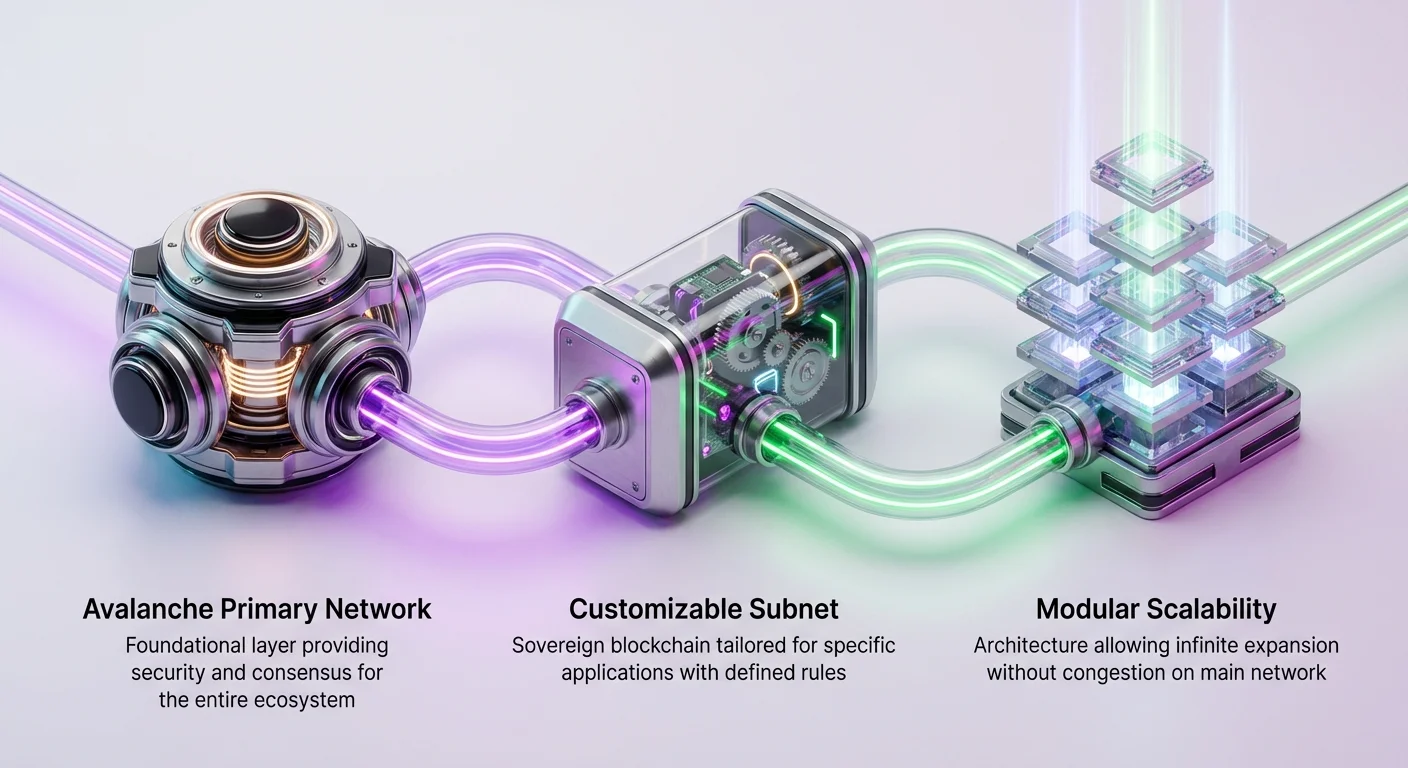 Infographic showing Avalanche Primary Network as foundational security layer, customizable Subnets for tailored applications, and modular scalability enabling infinite expansion without congestion.