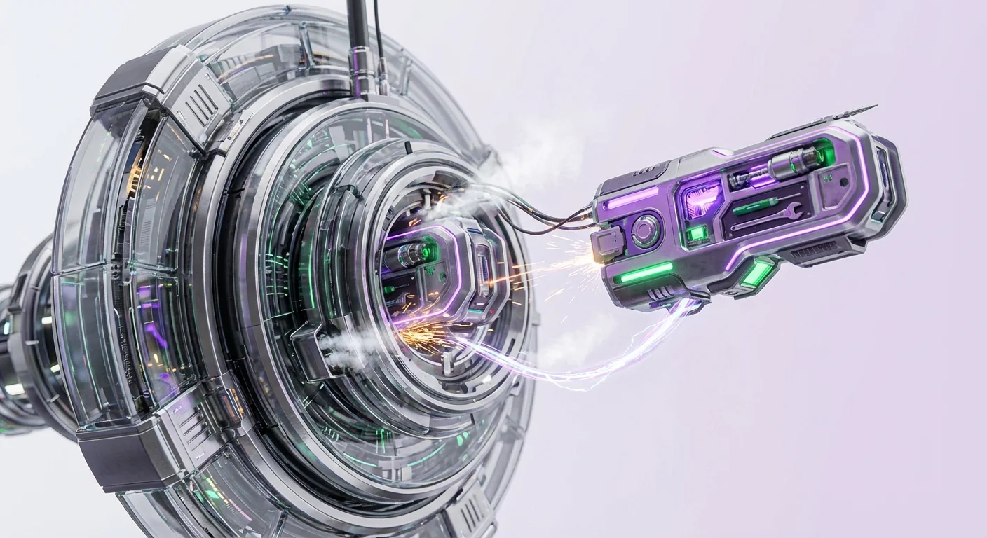 Photorealistic thumbnail of a sleek metallic Subnet module launching from the Avalanche Primary Network hub, with sparks, disconnecting conduits, and purple-green neon light trail.