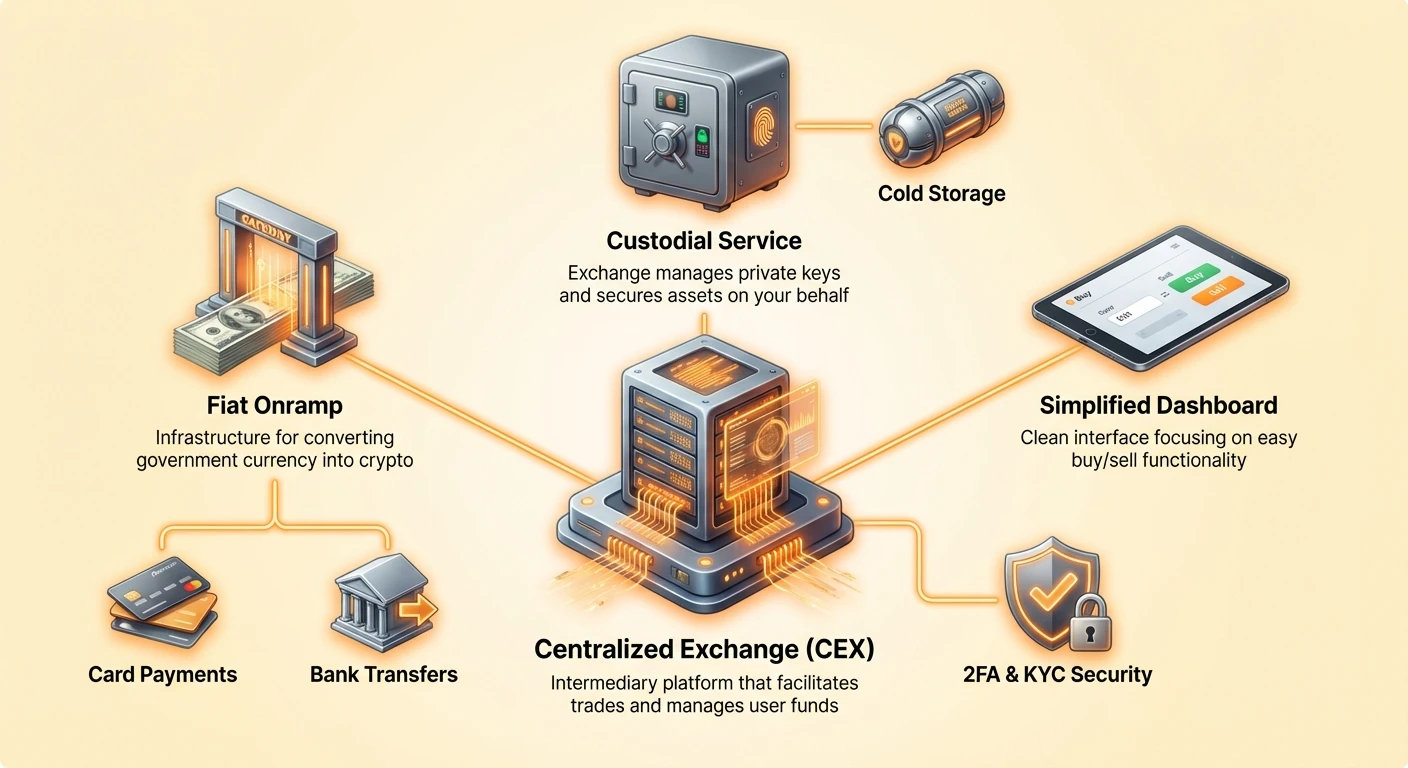 Hub-and-spoke infographic showing centralized exchange as central hub linked to fiat onramp, custodial service, simplified dashboard, bank transfers, card payments, cold storage, and 2FA KYC security features.