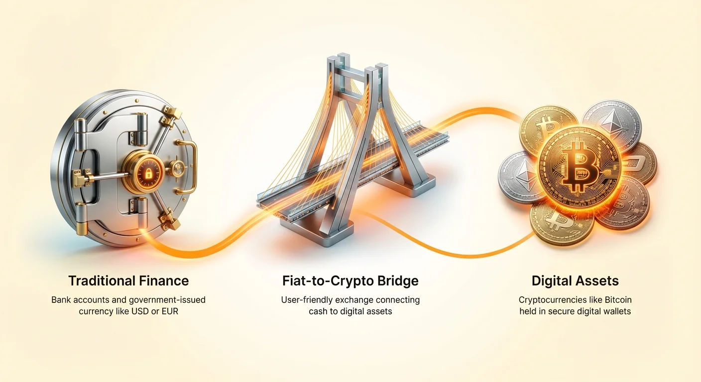 Infographic showing traditional finance with bank accounts and USD flowing through a user-friendly exchange bridge to digital assets like Bitcoin in secure wallets.