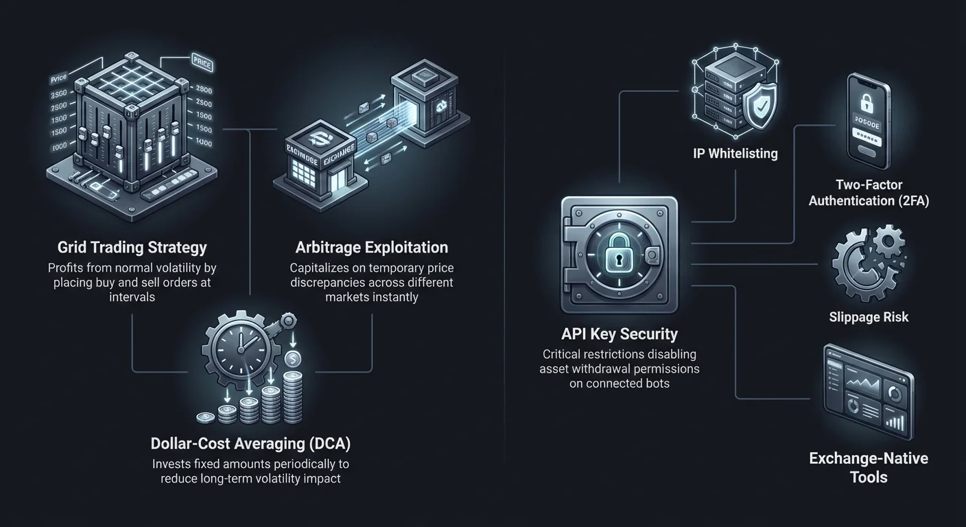 Detailed infographic comparing crypto trading bot strategies like Grid Trading, Arbitrage Exploitation, and Dollar-Cost Averaging with security measures including API key restrictions, IP whitelisting, 2FA, slippage risk, and exchange tools.