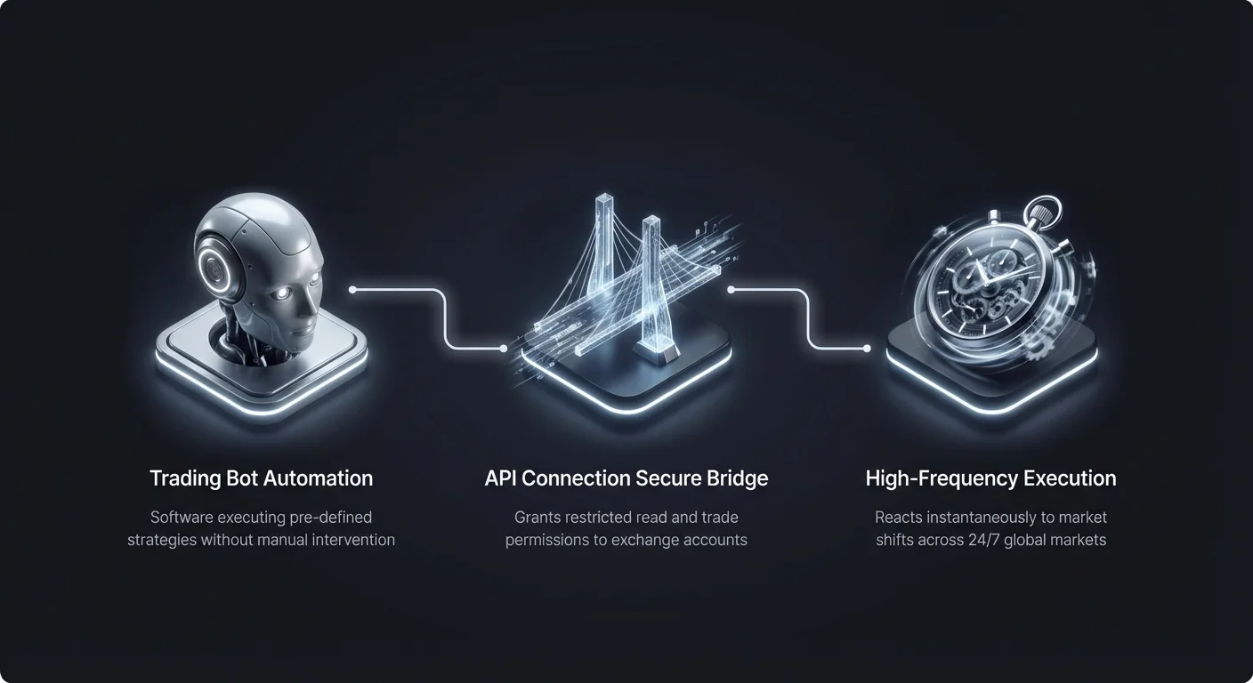 Infographic overview of cryptocurrency trading bots: automation executing strategies, secure API connections with restricted permissions, and high-frequency reactions to 24/7 market shifts.