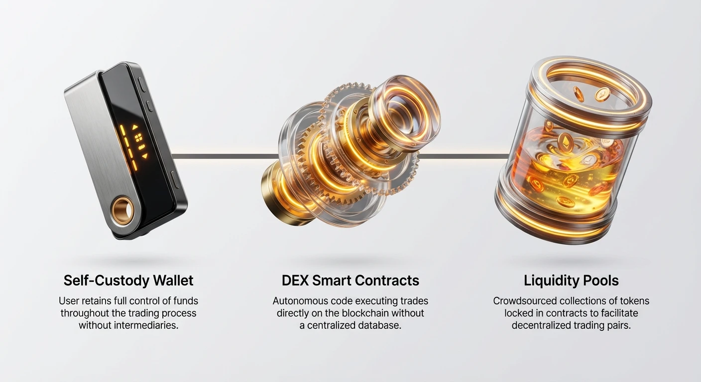 Simple overview diagram of DEX core structure: user's self-custody wallet connects directly to smart contracts and liquidity pools for non-custodial trading without intermediaries.
