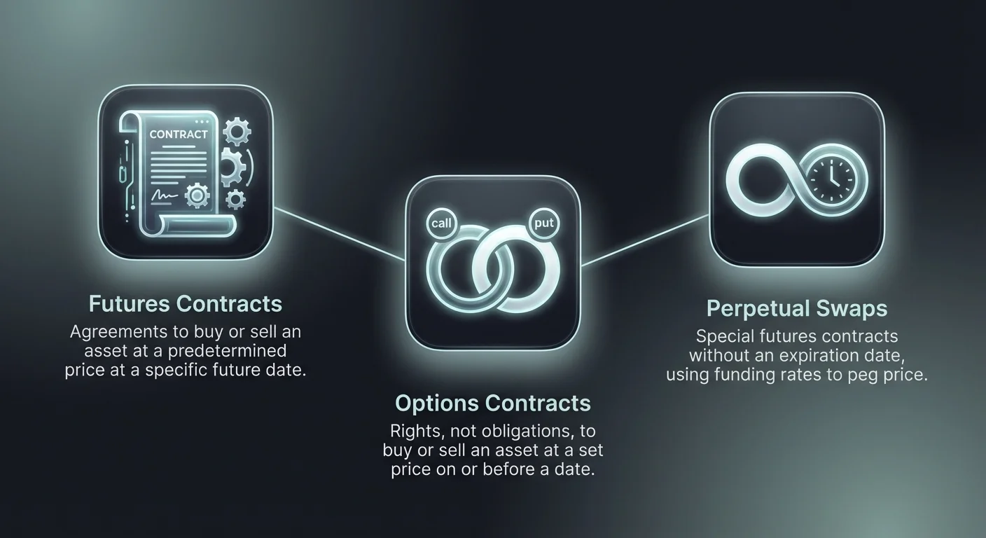 Clean high-level infographic introducing the three primary types of derivative contracts in cryptocurrency trading with a simple overview.