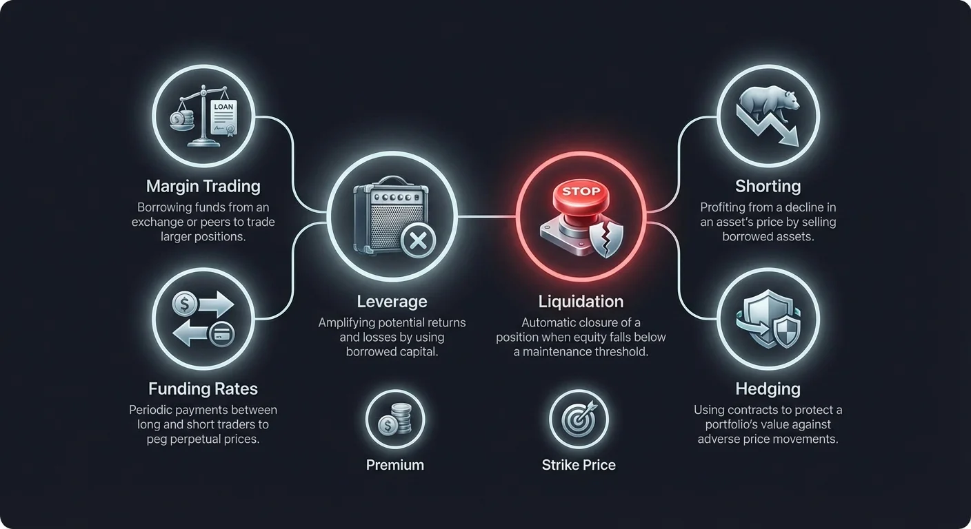 Detailed infographic exploring mechanics and risks of binary options derivative trading, with clustered layout grouping related concepts.