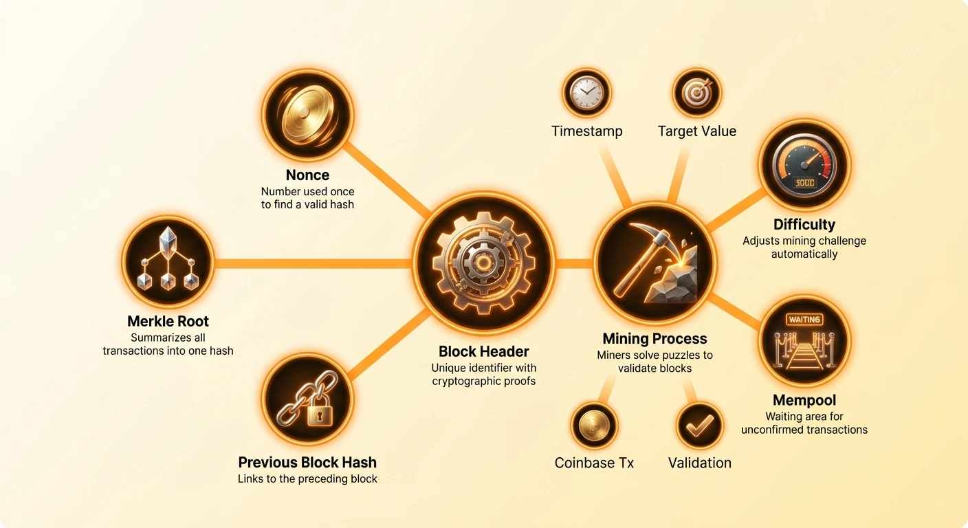 Detailed diagram of Bitcoin block header components like Merkle root, nonce, and previous block hash, visualizing miners solving puzzles to validate blocks with mempool.