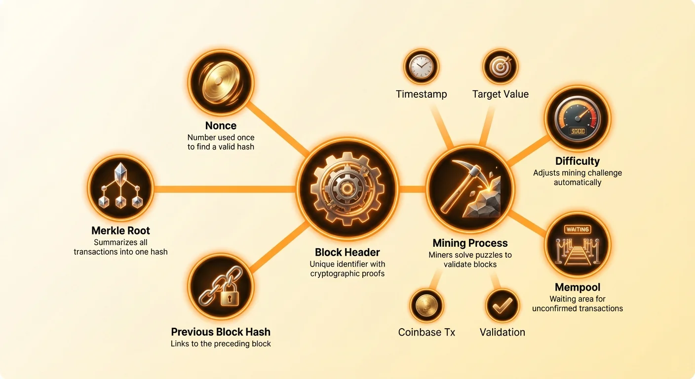Detailed diagram of Bitcoin block header components like Merkle root, nonce, and previous block hash, visualizing miners solving puzzles to validate blocks with mempool.