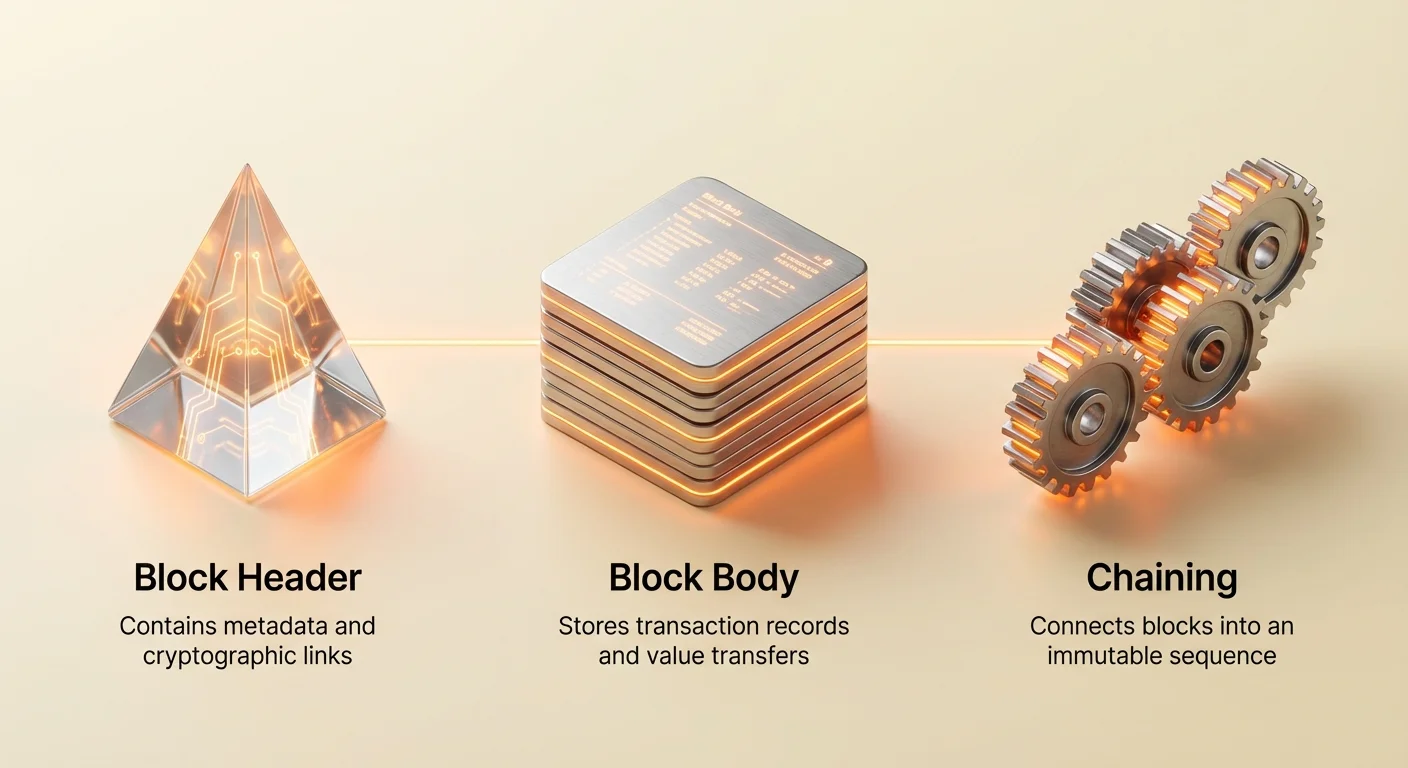 High-level infographic overview of Bitcoin block structure, illustrating how the header, body, and chaining mechanism work together.