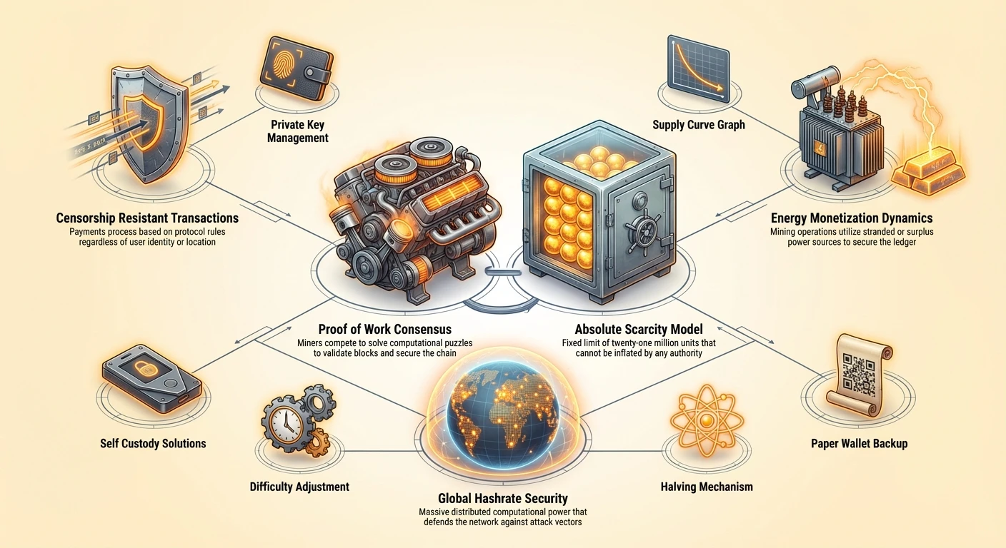 Detailed infographic of Bitcoin mechanisms in hub-and-spoke layout: large nodes for proof-of-work consensus and absolute scarcity; medium for censorship-resistant transactions, global hashrate security, energy monetization; small for self-custody, halving, difficulty adjustment, mempool data.