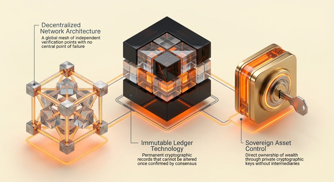 Infographic of Bitcoin digital citadel's core pillars: decentralized network architecture with no single failure point, immutable ledger for permanent records, sovereign asset control via private keys.