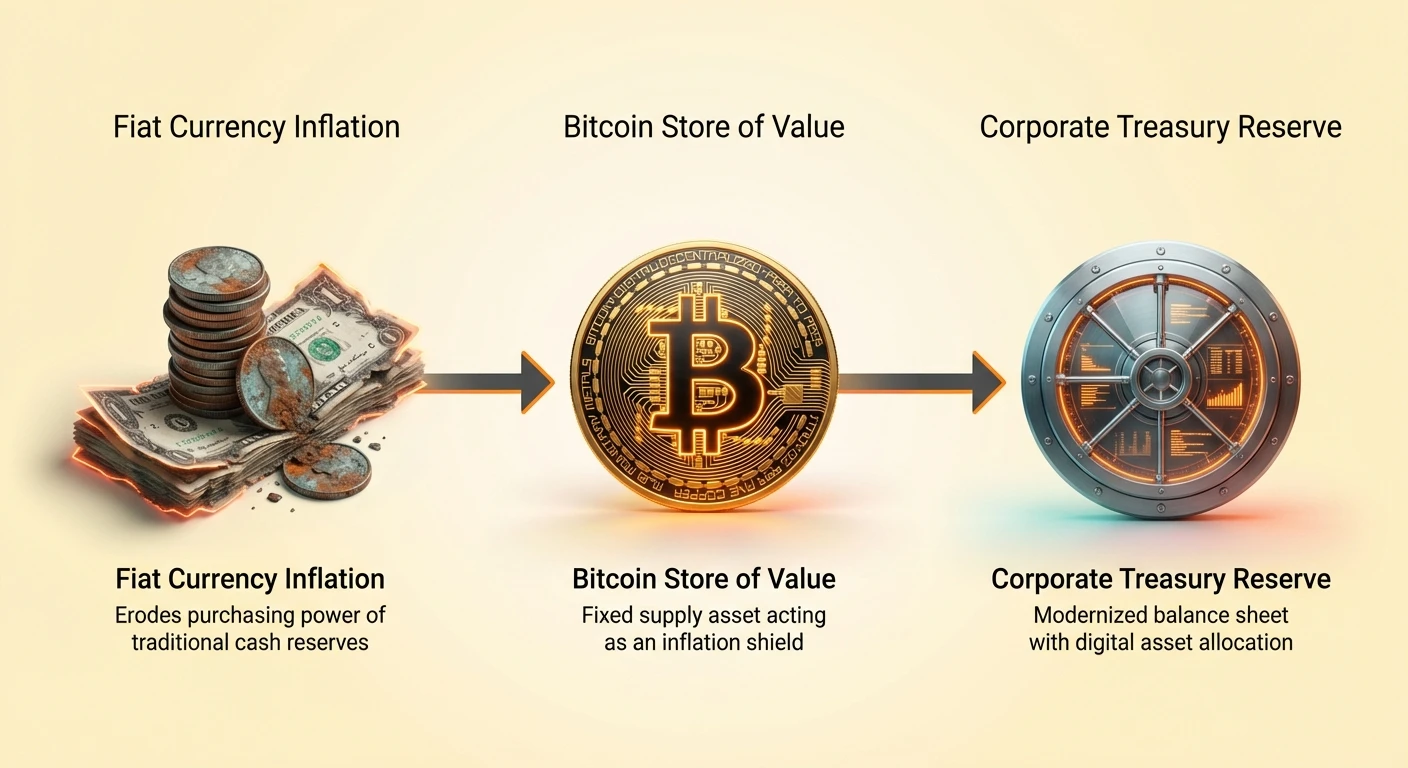 Infographic depicting fiat currency inflation eroding cash reserves, Bitcoin as a fixed-supply store of value against inflation, and modernized corporate treasury with digital asset allocation.