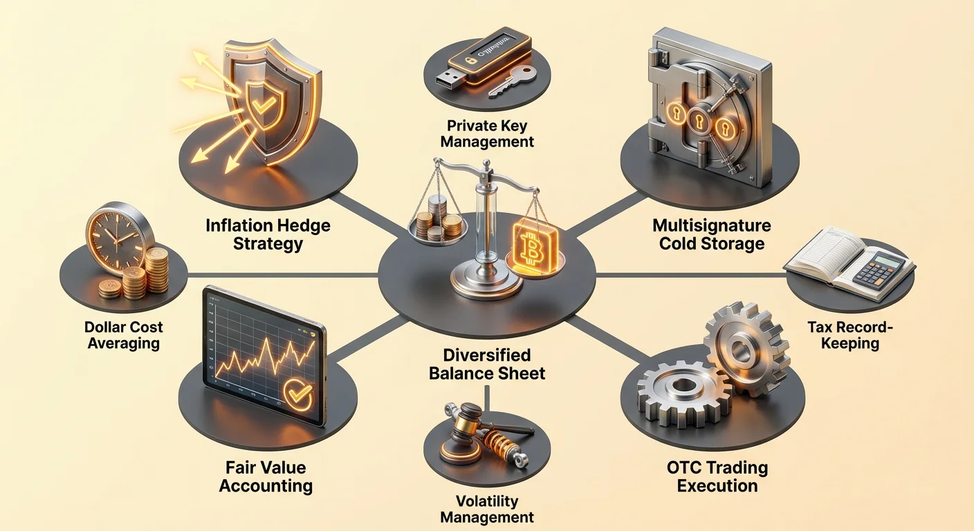 Hub-and-spoke infographic of corporate Bitcoin treasury management, centering diversified balance sheet with branches for inflation hedging, multisig storage, OTC execution, accounting, keys, DCA, taxes, regulations, and volatility.