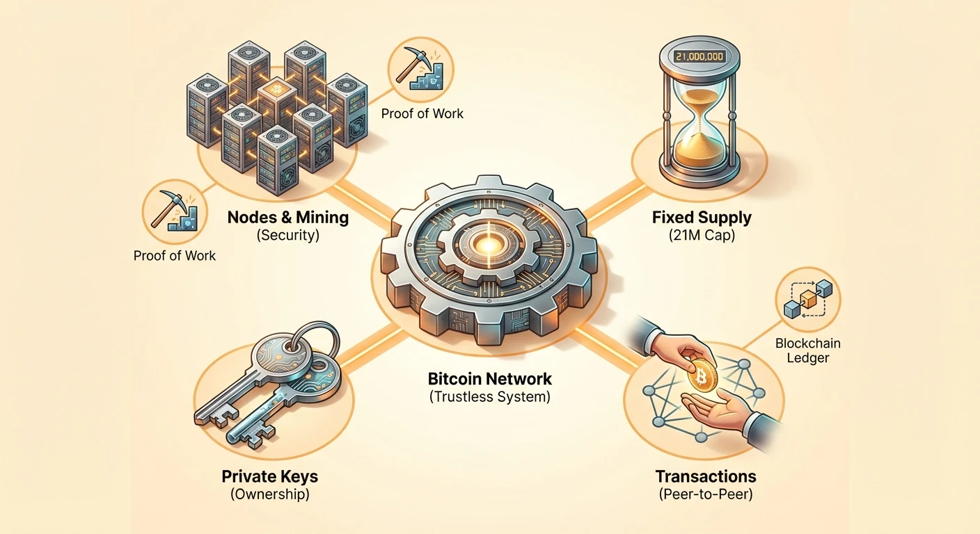 Hub-and-spoke infographic of Bitcoin: central trustless network connected to nodes/mining with Proof of Work, fixed 21M supply, private keys for ownership, and peer-to-peer transactions on blockchain ledger.