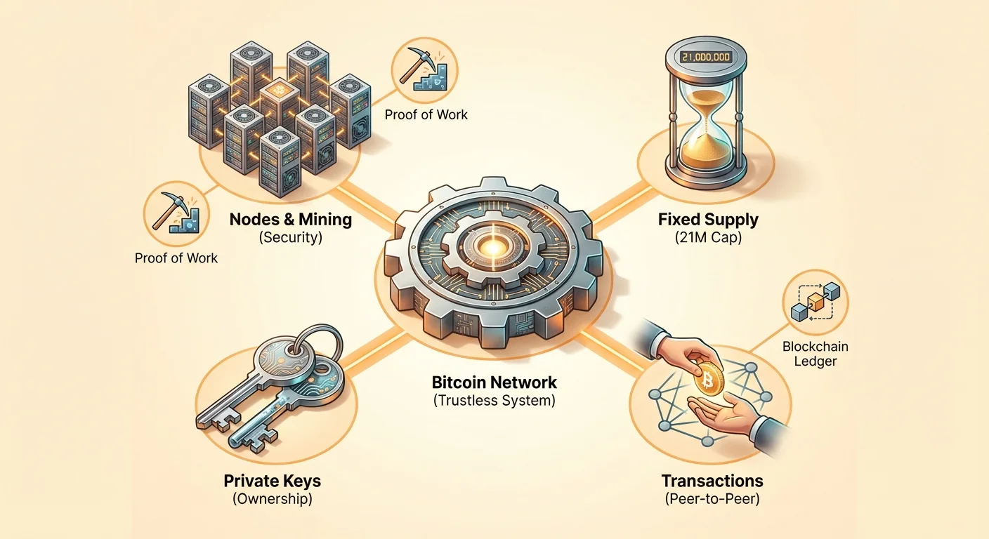 Hub-and-spoke infographic of Bitcoin: central trustless network connected to nodes/mining with Proof of Work, fixed 21M supply, private keys for ownership, and peer-to-peer transactions on blockchain ledger.