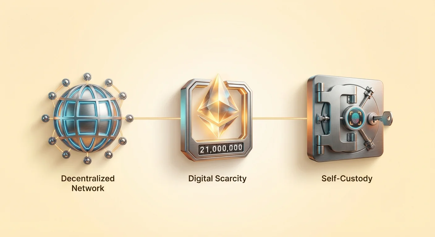 Infographic illustrating Bitcoin's core concepts: decentralized network, digital scarcity, and self-custody, featuring large icons in a clean linear layout.