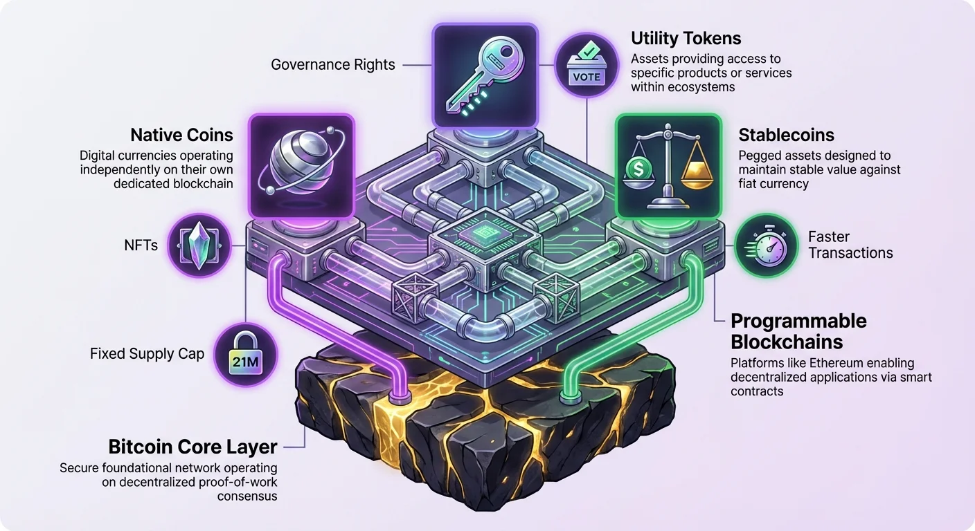 Detailed infographic illustrating blockchain layered hierarchy: Bitcoin Core secure base, programmable blockchains like Ethereum, native coins, utility tokens, stablecoins, plus fixed supply, NFTs, faster transactions.
