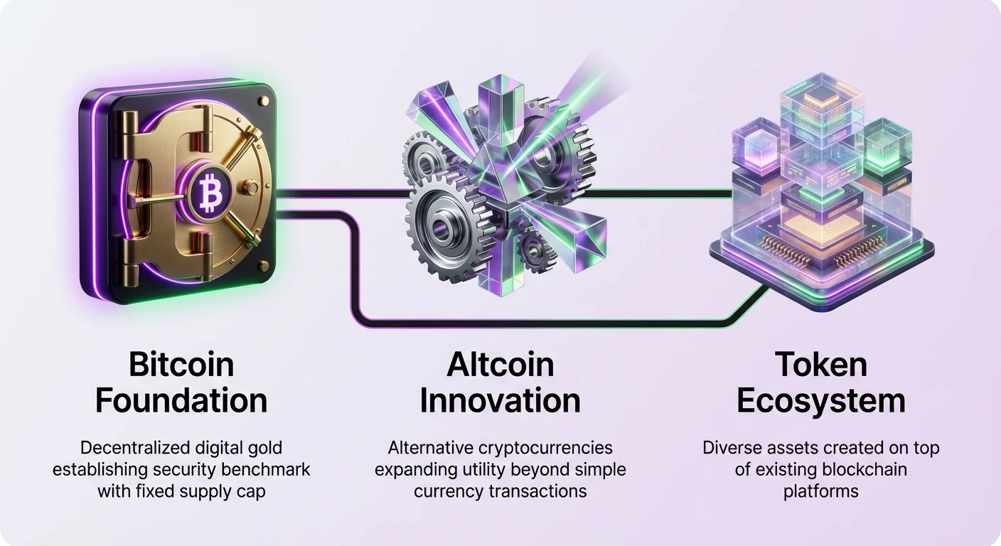Infographic overview of Bitcoin as decentralized digital gold foundation with fixed supply, altcoin innovations expanding utility, and token ecosystems building diverse assets on blockchains.