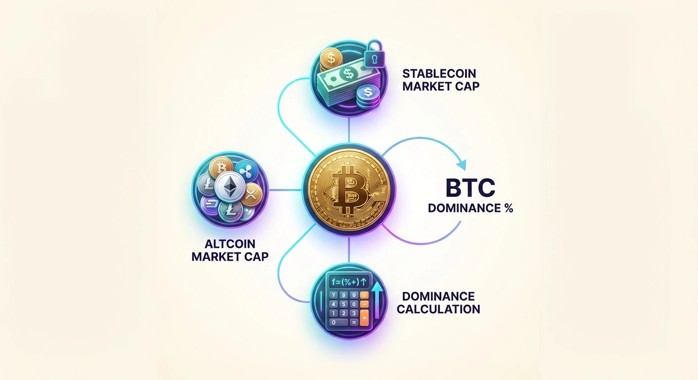 Simple infographic overview illustrating Bitcoin dominance calculation by comparing Bitcoin's market cap to combined altcoins and stablecoins market caps.