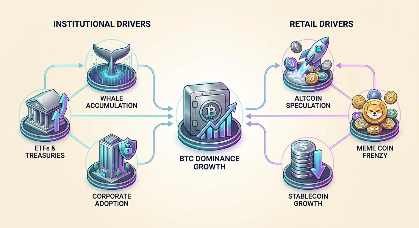 Detailed infographic illustrating key institutional and retail market drivers influencing Bitcoin dominance, including ETFs, corporate adoption, and investor sentiment shifts.