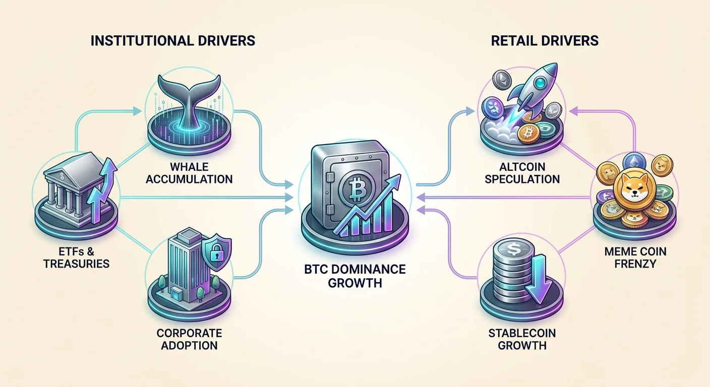 Detailed infographic illustrating key institutional and retail market drivers influencing Bitcoin dominance, including ETFs, corporate adoption, and investor sentiment shifts.