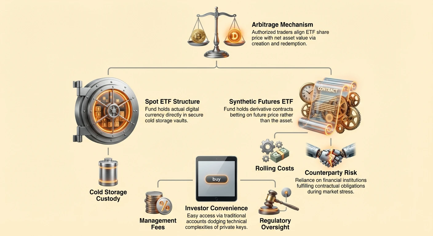 Infographic comparing spot and synthetic futures Bitcoin ETFs, featuring arbitrage mechanism, investor convenience, counterparty risk, cold storage custody, rolling costs, management fees, and regulatory oversight in a cluster layout.