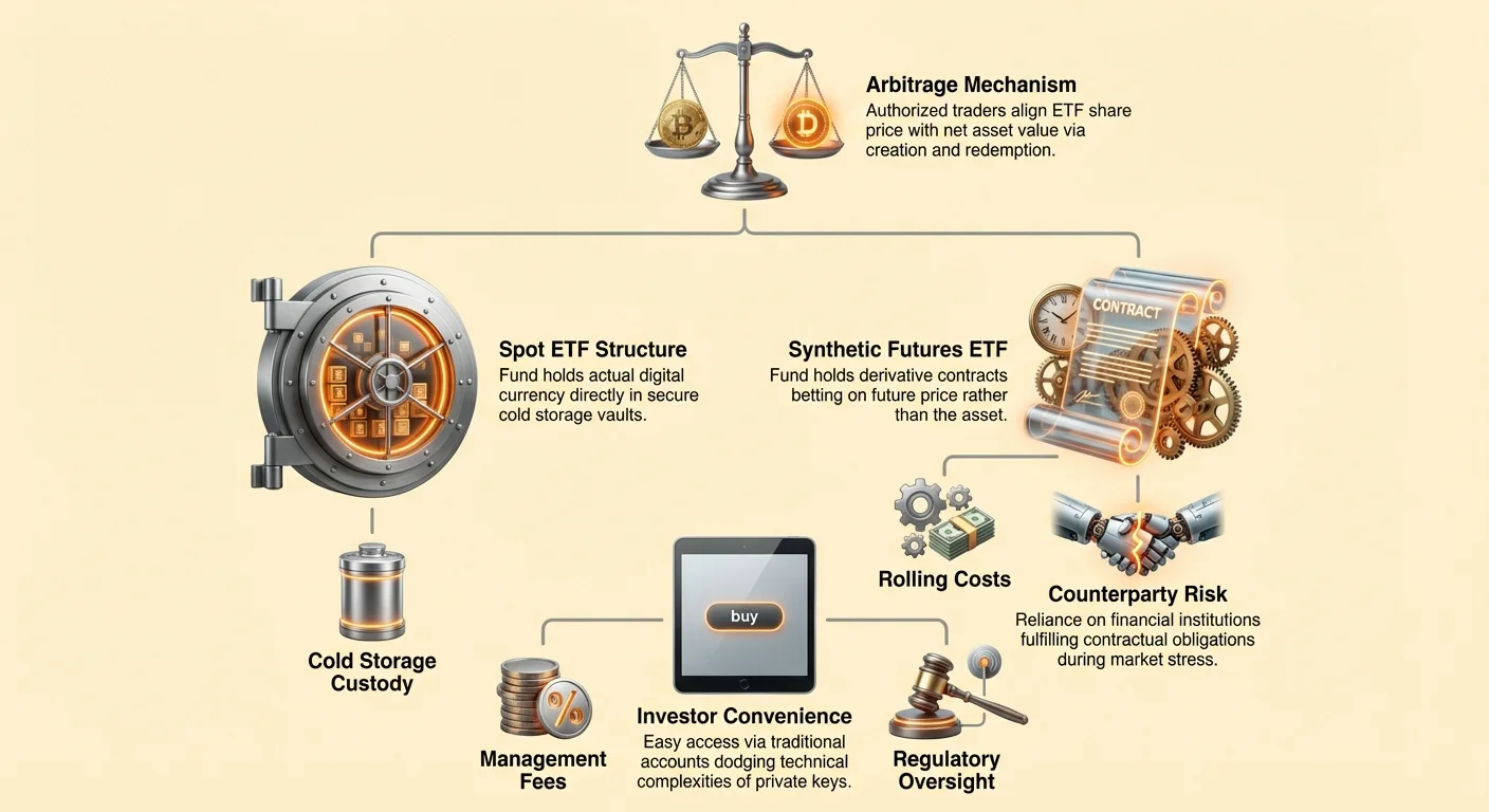 Infographic comparing spot and synthetic futures Bitcoin ETFs, featuring arbitrage mechanism, investor convenience, counterparty risk, cold storage custody, rolling costs, management fees, and regulatory oversight in a cluster layout.