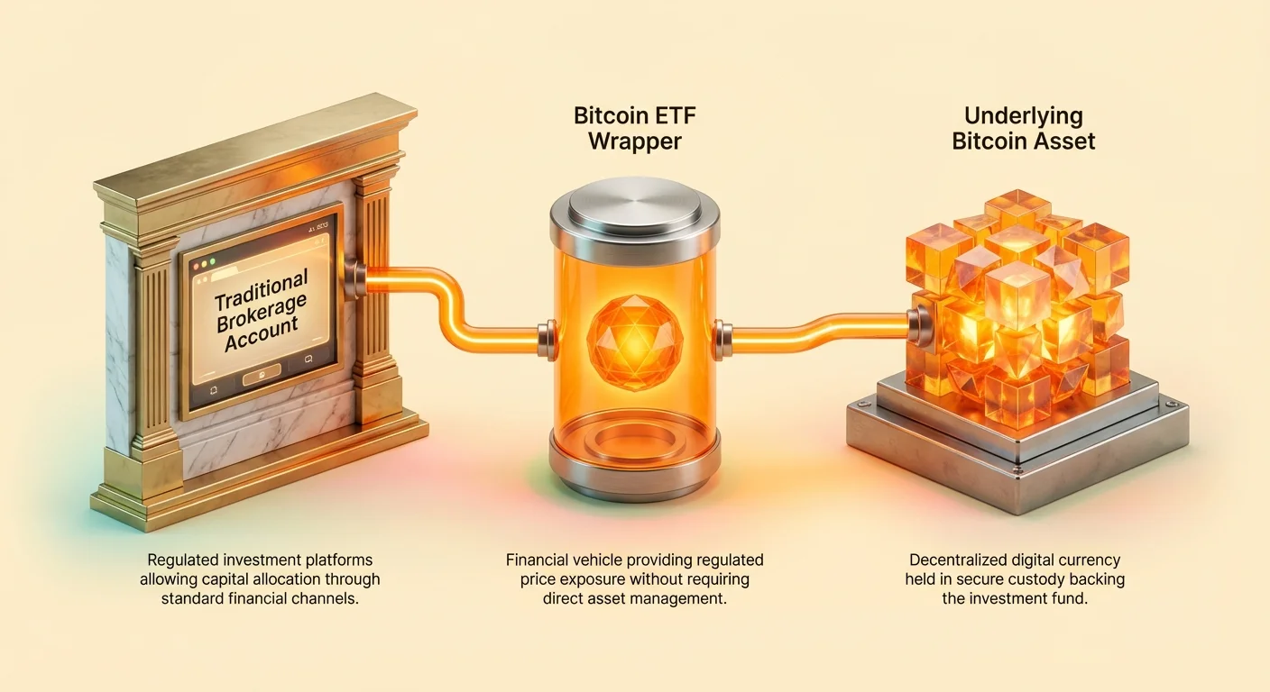 Simple infographic diagram showing traditional brokerage account connected to Bitcoin ETF wrapper holding underlying Bitcoin asset.
