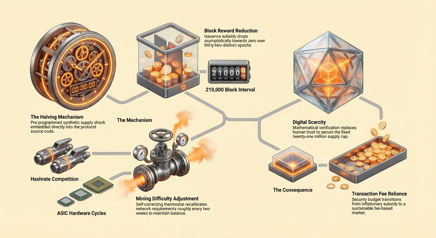 Detailed infographic on Bitcoin halving: left shows mechanism with clockwork, reward reduction, block interval, difficulty adjustment; right shows digital scarcity and fee reliance, linked by flows on cream background.