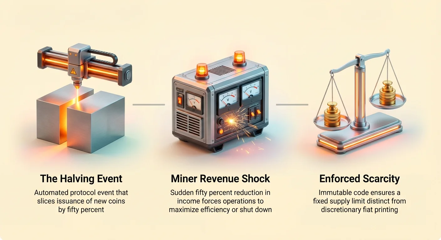 Three-stage linear infographic on pale cream background depicting Bitcoin halving: laser slicing block for halving event, sparking generator with dropping gauges for miner revenue shock, balanced scale for enforced scarcity.