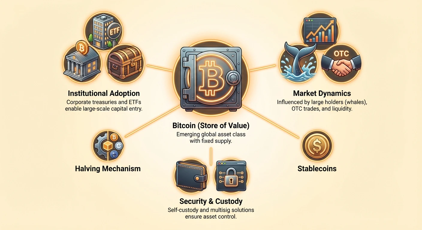 Detailed infographic illustrating Bitcoin ecosystem as store of value, with factors like institutional investors, market influences, adoption drivers, and security mechanisms.