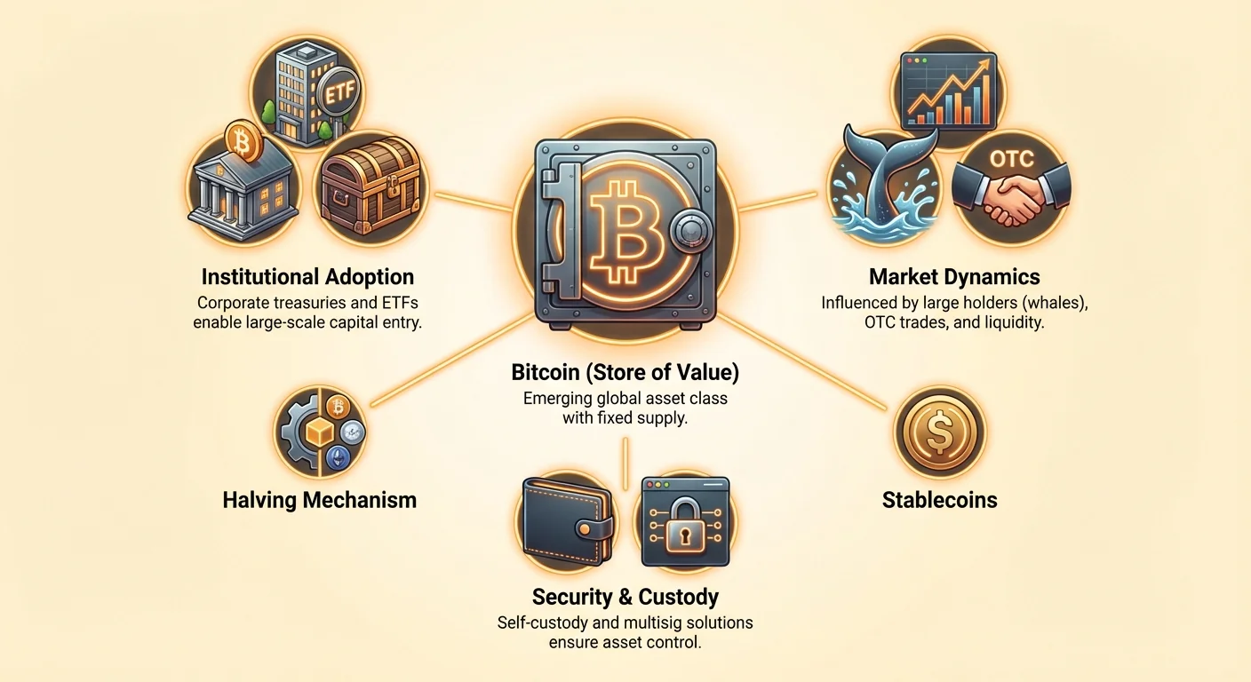 Detailed infographic illustrating Bitcoin ecosystem as store of value, with factors like institutional investors, market influences, adoption drivers, and security mechanisms.