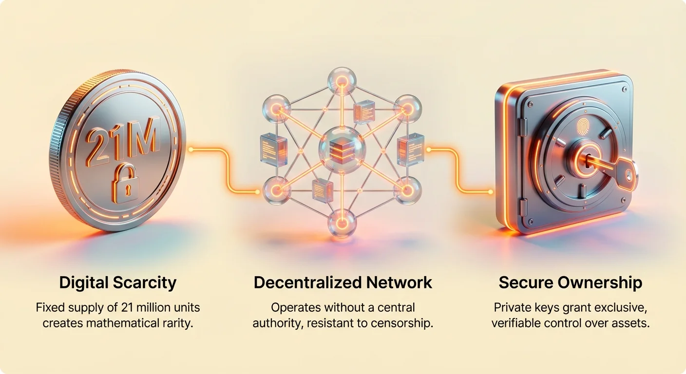 High-level infographic summarizing Bitcoin investment thesis, highlighting scarcity, decentralized nature, and security features.