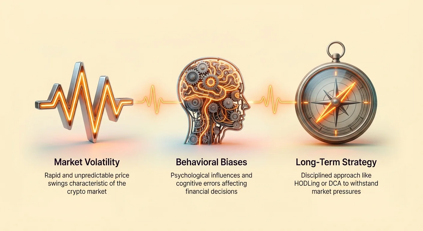 Clean minimalist infographic with large photorealistic icons and brief text summaries of key behavioral finance biases affecting Bitcoin investors.
