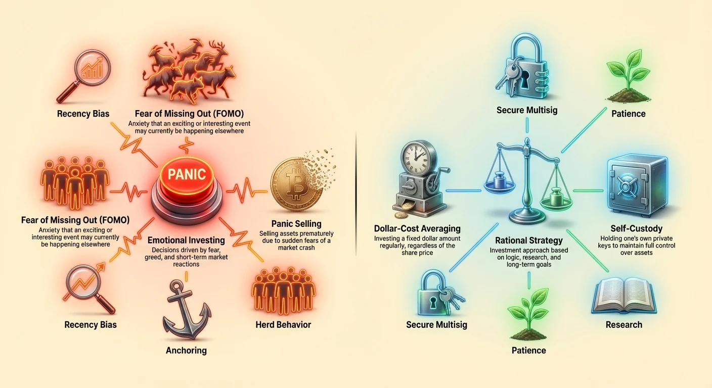 Comprehensive infographic contrasting emotional and rational Bitcoin investment approaches using a cluster layout with varied icons and detailed descriptions.