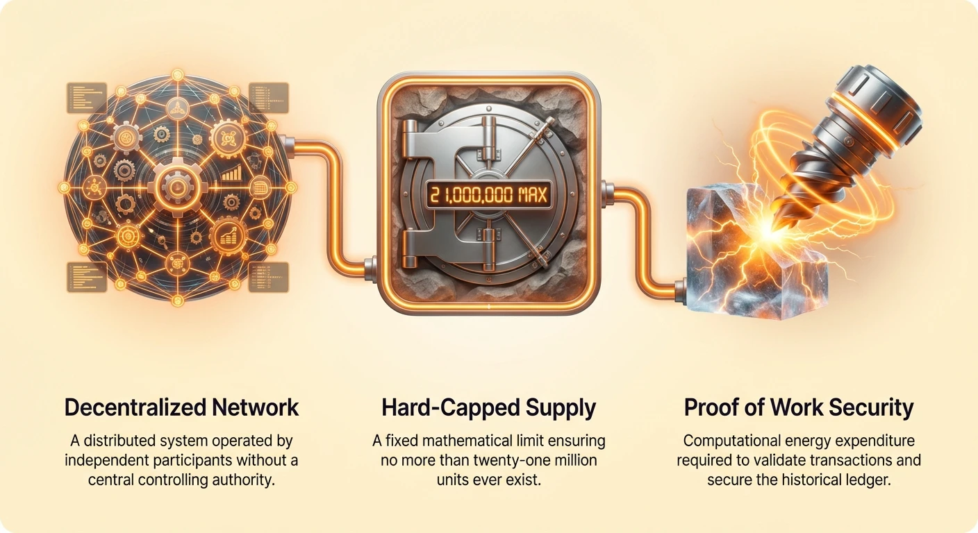 Infographic highlighting Bitcoin's core attributes: decentralized network run by independent participants, hard-capped supply limited to 21 million units, and Proof of Work security via computational energy expenditure.