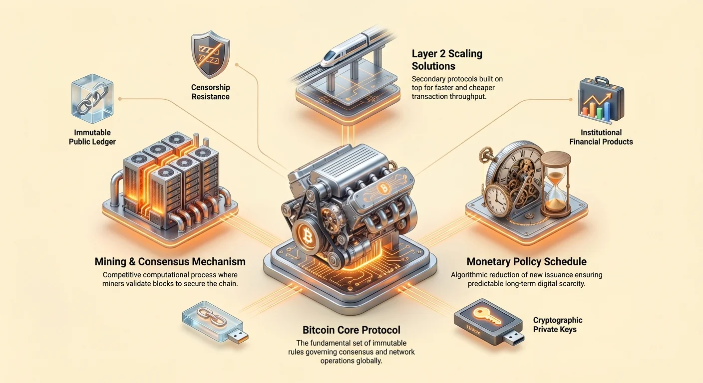 Infographic depicting Bitcoin Core Protocol as central hub supporting mining, monetary policy, and layer 2 scaling, leading to immutability, censorship resistance, and other features.