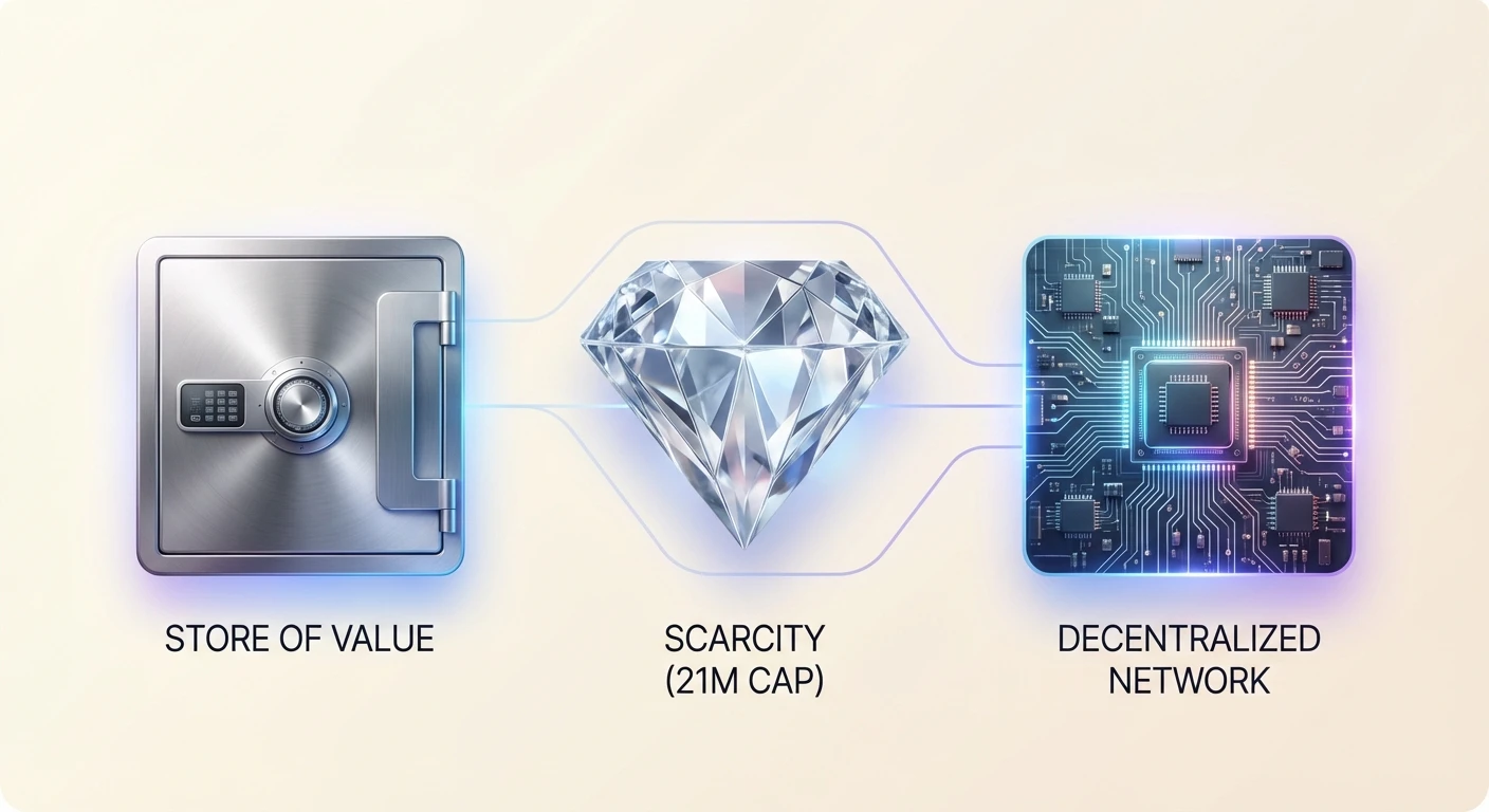 High-level infographic summarizing Bitcoin's core value as a financial asset with three interconnected icons for secure store of value, scarcity, and decentralization.