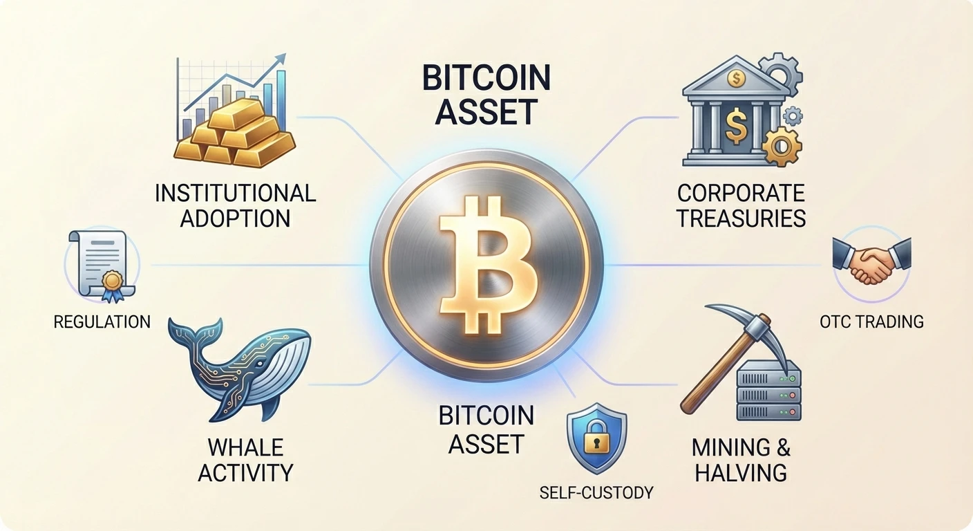 Hub-and-spoke diagram illustrating Bitcoin ecosystem dynamics, including institutional adoption, market whales, mining, halving events, and interactions with central Bitcoin asset.