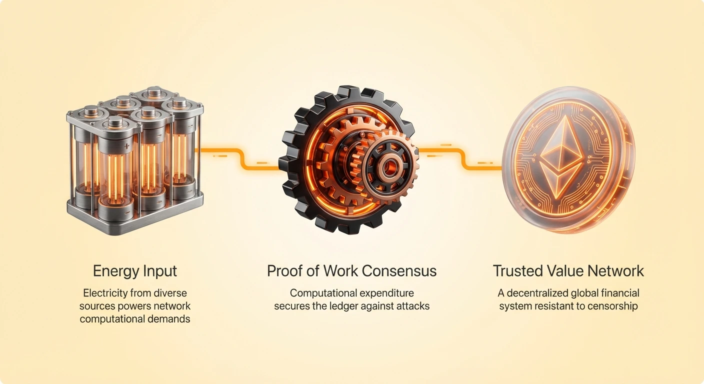 Simple infographic showing energy input from diverse sources powering Proof of Work consensus to secure a decentralized trusted value network.