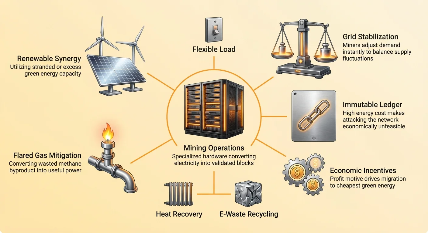 Detailed infographic with central hub showing Bitcoin mining operations enabling grid stabilization, immutable ledger, renewable synergy, flared gas mitigation, economic incentives, flexible load, heat recovery, and e-waste recycling.