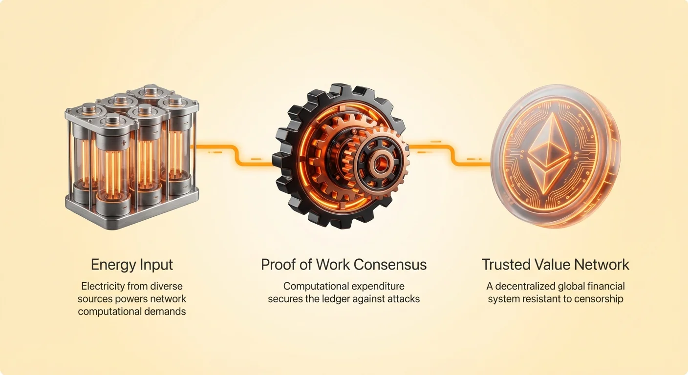 Simple infographic showing energy input from diverse sources powering Proof of Work consensus to secure a decentralized trusted value network.